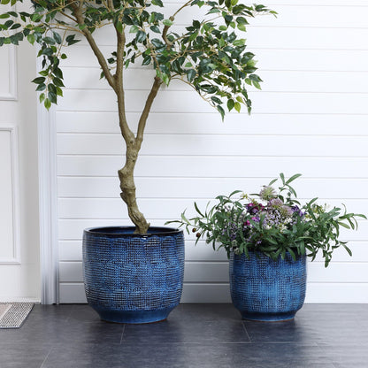 LuxenHome 15.75" Dia Large Ceramic Pots for Plants, Teal Blue Glazed Planters for Outdoor Plants, Round Indoor Flower Pots with Drainage Hole and Rubber Plug for Home Garden Patio