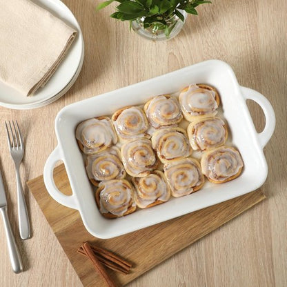 Gibson Home Gracious Dining Baking Dish - 2.5-Quart White Stoneware Casserole with Handles | 14.6 x 8.5-Inch Oven Safe
