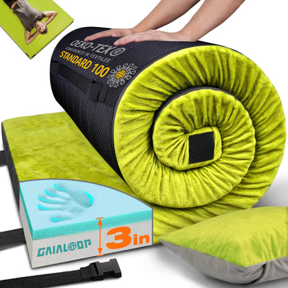 Gaialoop 3 Inch Memory Foam Camping Mattress, Dual Layer Thick Sleeping Camp Pad for Car Tent Cot, Roll-Up Portable Glamping Floor Bed for Guests Sleepover[Twin XL: 80 * 38 * 3"]