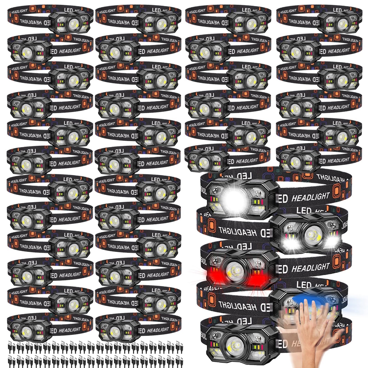 KunHe 40 Pack Headlamp Flashlight Head Lamps led Rechargeable Headlight Motion Sensor Head Lamp 10 Mode for Outdoor Camping Gear Hiking Fishing Running Cycling Headlight Emergency Lights for Home