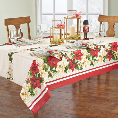 Elrene Home Fashions Red and White Poinsettia Holiday Wrinkle Resistant Fabric Tablecloth, 60" x 84" Rectangle, Multi