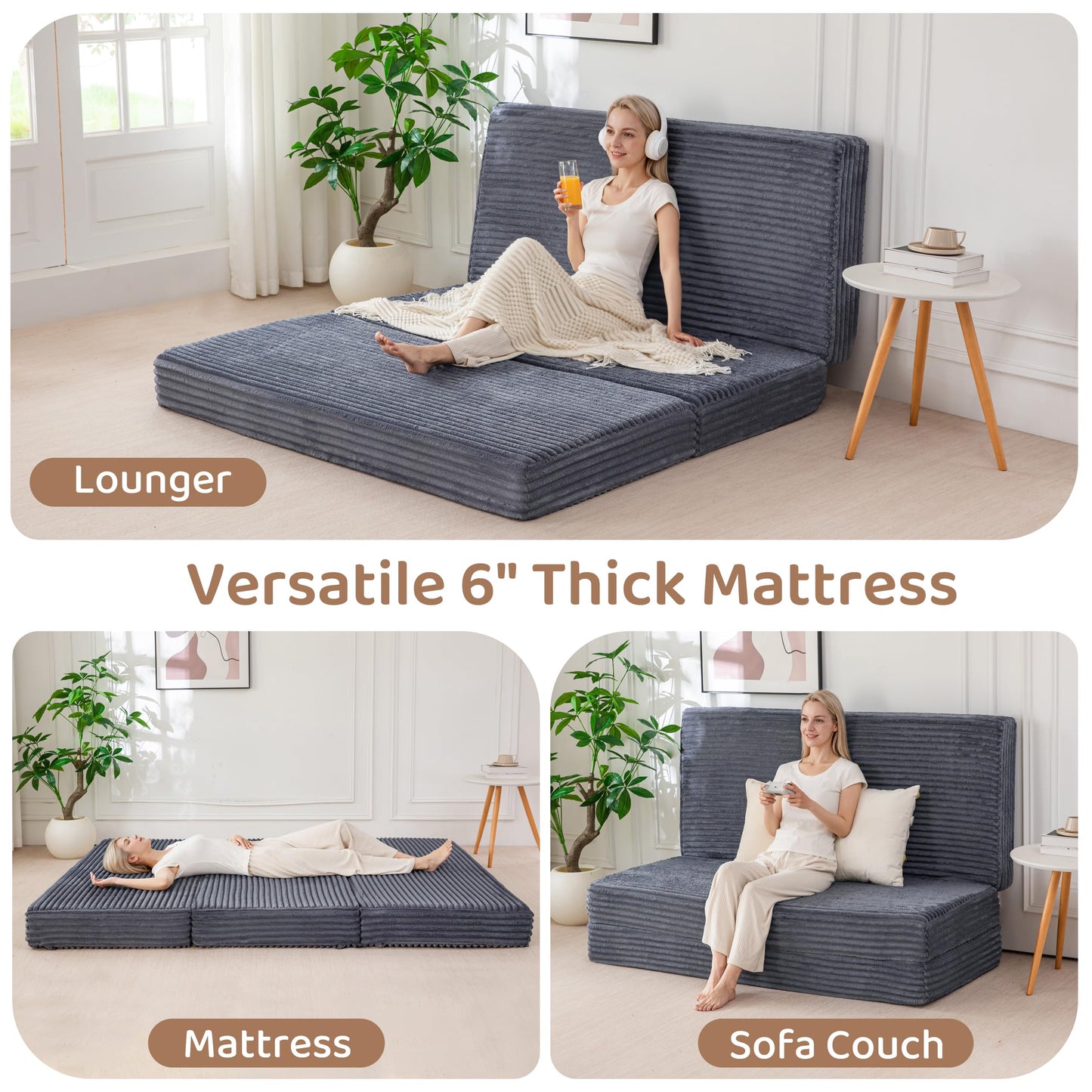 BYBYME Thick Corduroy Tri-Folding Mattress, 6 Inch Gel Folding Mattress Topper, Foldable Sofa Couch Soft Guest Bed Camping Pad, with Washable Covers (Dark Gray, Queen)