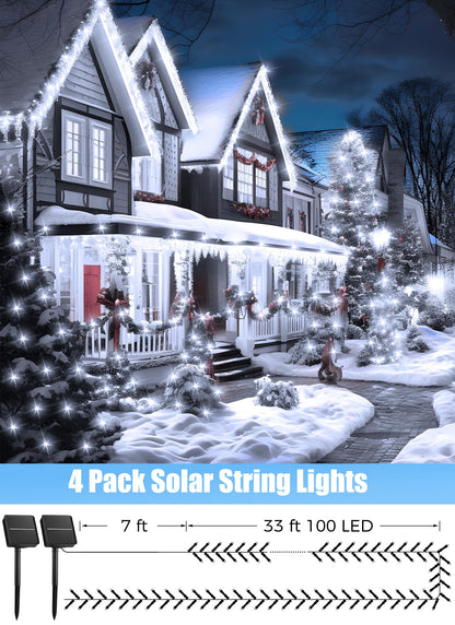 Minetom Solar String Lights, 160FT 400 LED, 8 Modes, Waterproof, Outdoor Christmas Lights, White, 4 Pack