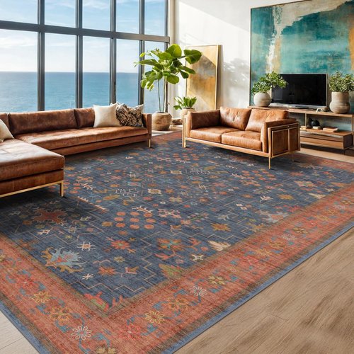 Hazo Haus Washable Navy Blue Area Rug - 7x10 Low Pile Non-Slip Stain Resistant Design for Living Room & Bedroom | Boho Home Decor