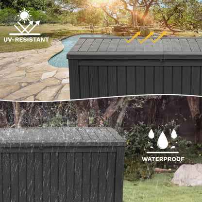 DWVO 220 Gallon Extra-Large Patio Deck Box, Waterproof Resin Outdoor Storage Box with Removable Divider for Patio, Garden, Pool, Furniture and Tools, Black