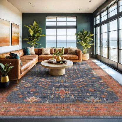 Hazo Haus Washable Navy Blue Area Rug - 7x10 Low Pile Non-Slip Stain Resistant Design for Living Room & Bedroom | Boho Home Decor