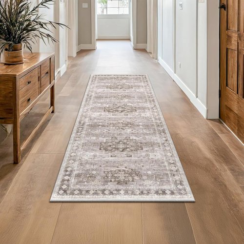 Hazo Haus Boho Bathroom Runner Rug - Washable Non-Slip Design | Soft Stain-Resistant 24" x 72" Beige Floral Decor