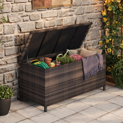 125 Gallon Outdoor Wicker Deck Box, All-Weather Waterproof Patio Storage with PE Rattan Finish & Steel Frame, for Cushions, Garden Tools, Pool Supplies, Lockable Brown Storage Box with Soft-Close Lid
