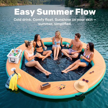 SLOOSH 8FT Inflatable Water Hammock Floating Dock, Sunchill Float Ring with Wood Grain & Mesh Design, Round Floating Dock Platform with Removable Cup Holders for Lake, River, or Boat Party
