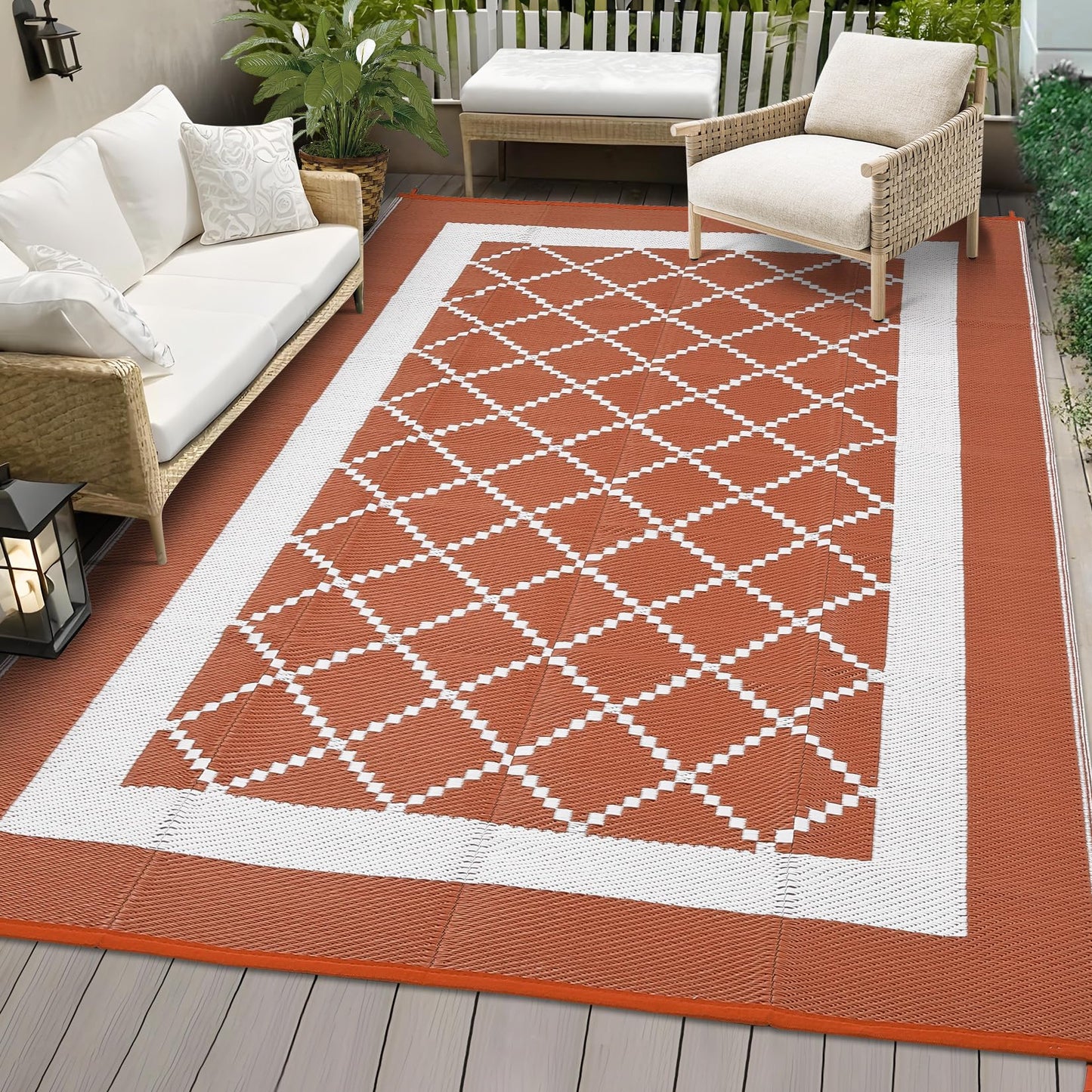 MilleLoom Patio Modern Geometric Outdoor Rug 10x14 Waterproof Large Reversible Camping Mat Foldable Lightweight Plastic Straw Outdoor Rug for Deck, Picnic, Porch, Camper, Balcony, Beach, Rv，Orange