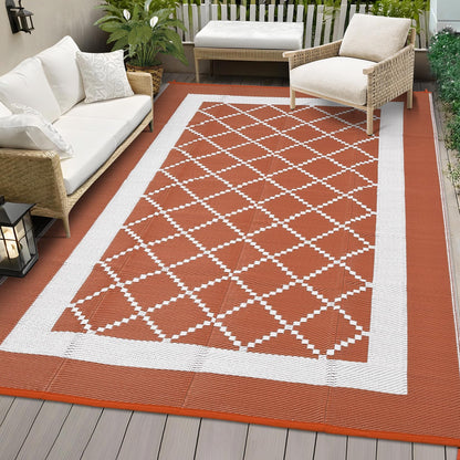 MilleLoom Patio Modern Geometric Outdoor Rug 10x14 Waterproof Large Reversible Camping Mat Foldable Lightweight Plastic Straw Outdoor Rug for Deck, Picnic, Porch, Camper, Balcony, Beach, Rv，Orange