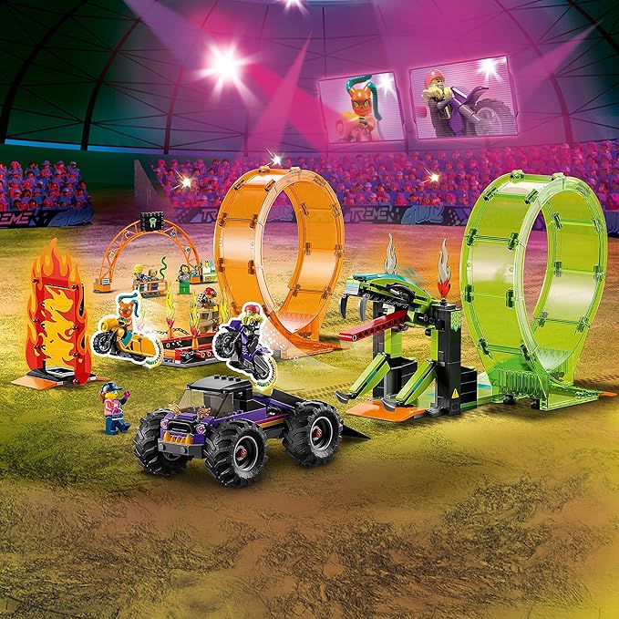LEGO City Stuntz Double Loop Stunt Arena 60339 Monster Truck Playset with 2 Toy Motorcycles Ramp Wall of Flames Ring of Fire Snapping Snake Loop and 7 Minifigures for Kids Ages 7 Plus