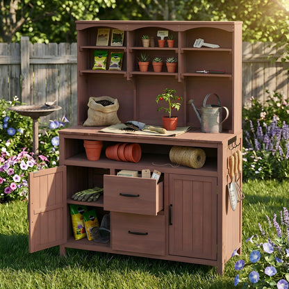 GDFStudio Junley Outdoor Storage Bench Table with Cabinet, Patio Wooden Potting Bench Plant Bench, Large Garden Storage Work Bench with Drawers, Cabinets, Hooks and Countertop, Kitchen Island, Brown