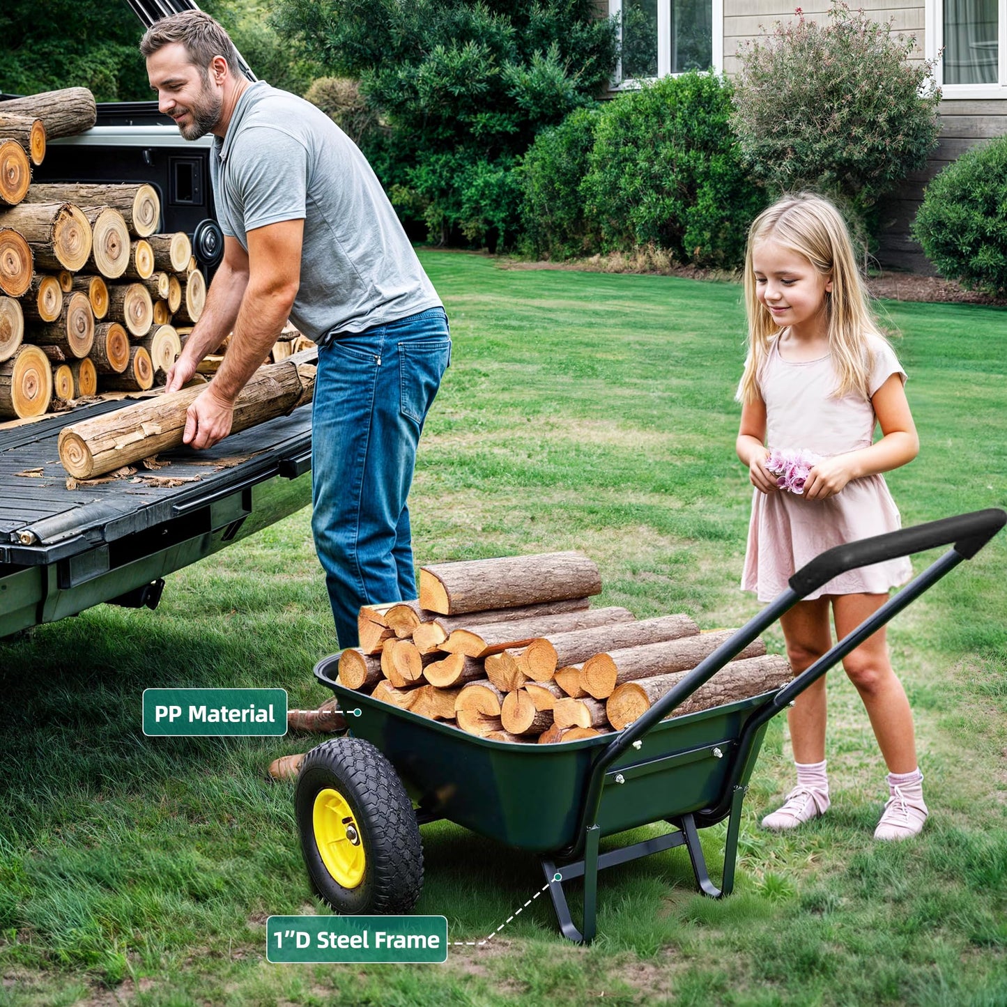 Ultym 2 Wheel Wheelbarrow, Dual-Wheel Garden Dump Cart with 10" Non-Slip Pneumatic Tires & Ergonomic Padded Handle, Heavy-Duty Home Utility Yard Cart Wagon with 3 Cu Ft Capacity for Lawn, Gardening