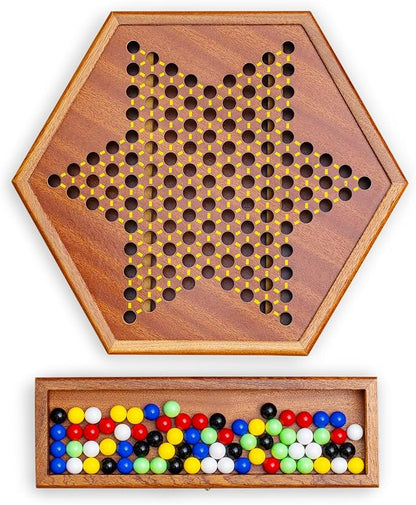 Wooden Chinese Checkers Game Set with Storage Drawer 12.6 inches - Includes 60 Colorful Acrylic Chess Pieces (6 Colors) - Classic Strategy Board Game