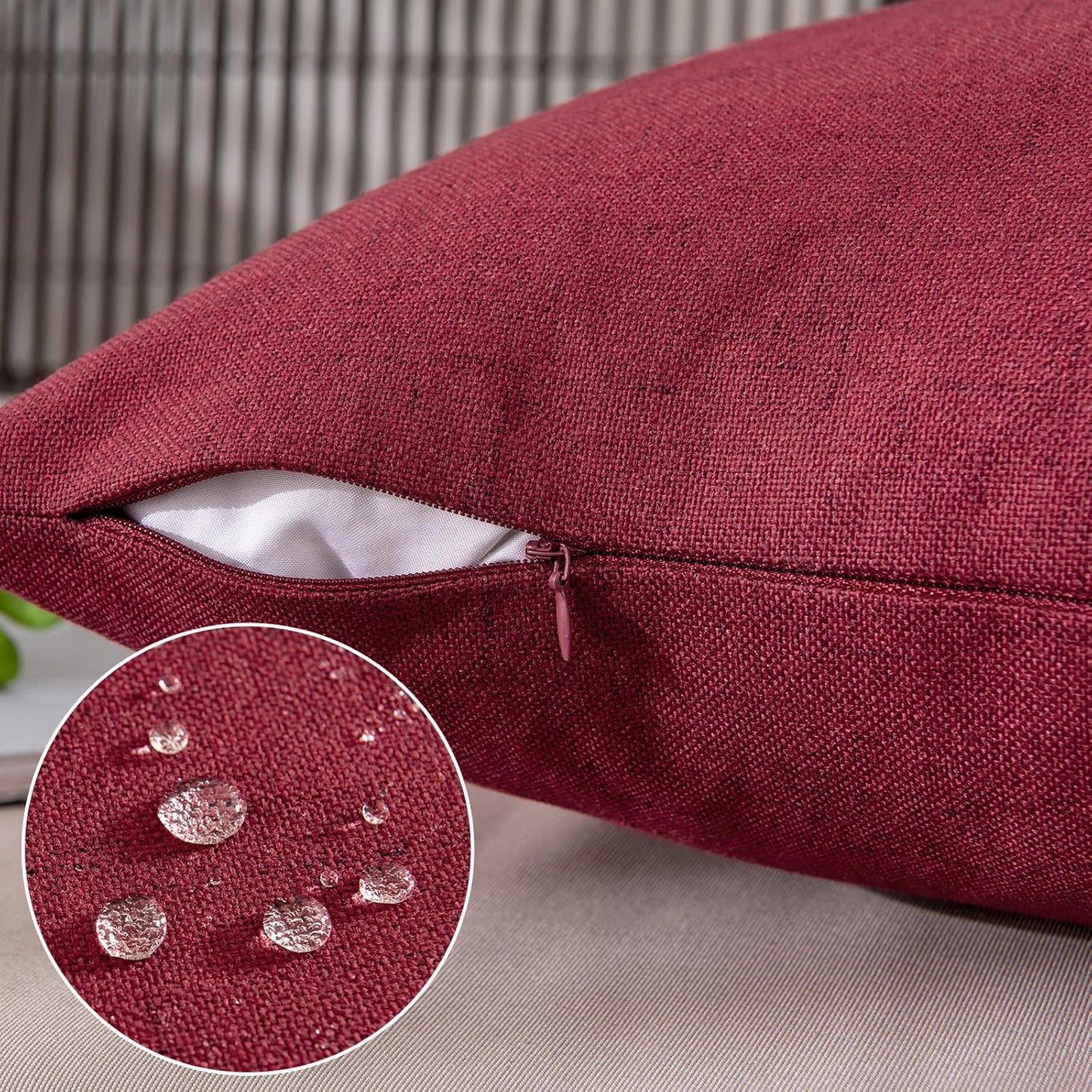 MIULEE Outdoor Throw Pillow Covers - Waterproof Decorative Linen Cushion Shams | 18x18 Inch, Burgundy Red - Pack of 2