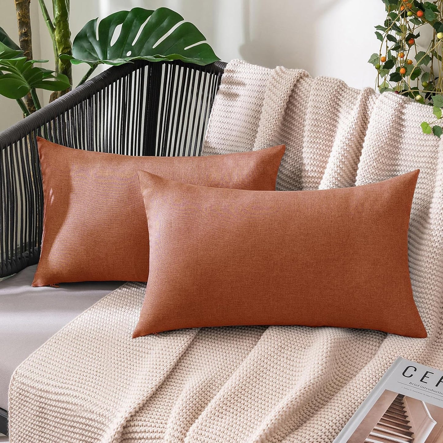 MIULEE Decorative Outdoor Throw Pillow Covers - Waterproof Faux Linen Cushion Cases | 20x12 Inch Rust (Pack of 2)