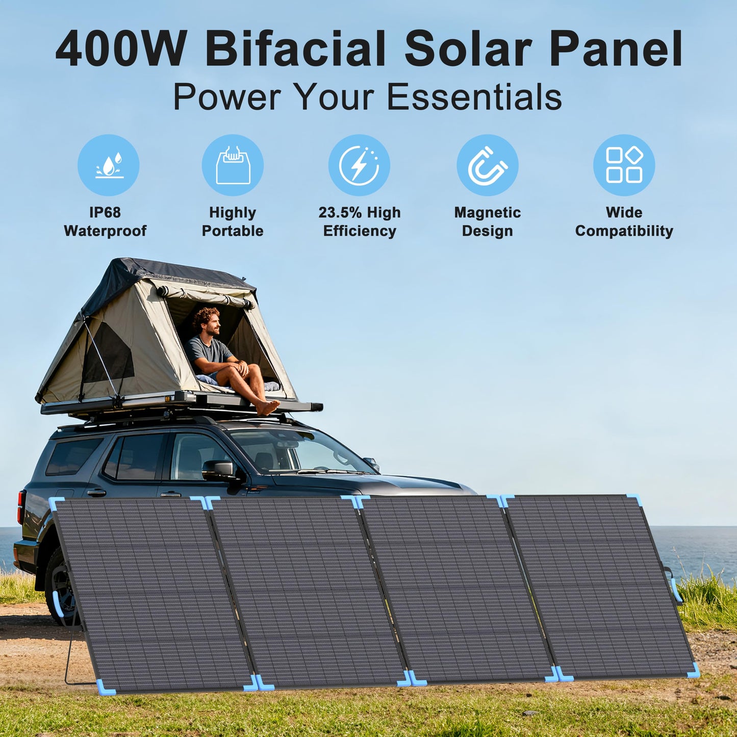 E-POWO 400W Bifacial Portable Solar Panel for Power Station, 23.5% High Efficiency ETFE Foldable Solar Charger for Camping Essentials,IP68 Waterproof 3 Reinforced Kickstands for RV Off-Grid Blackouts