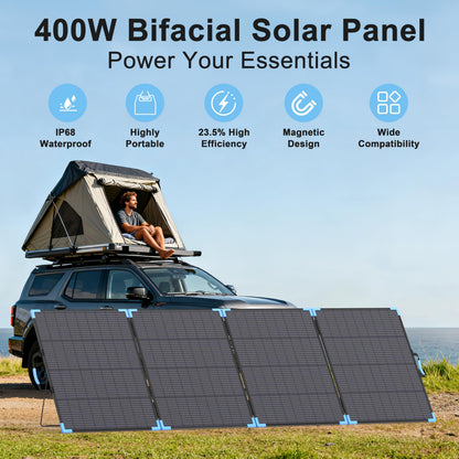 E-POWO 400W Bifacial Portable Solar Panel for Power Station, 23.5% High Efficiency ETFE Foldable Solar Charger for Camping Essentials,IP68 Waterproof 3 Reinforced Kickstands for RV Off-Grid Blackouts