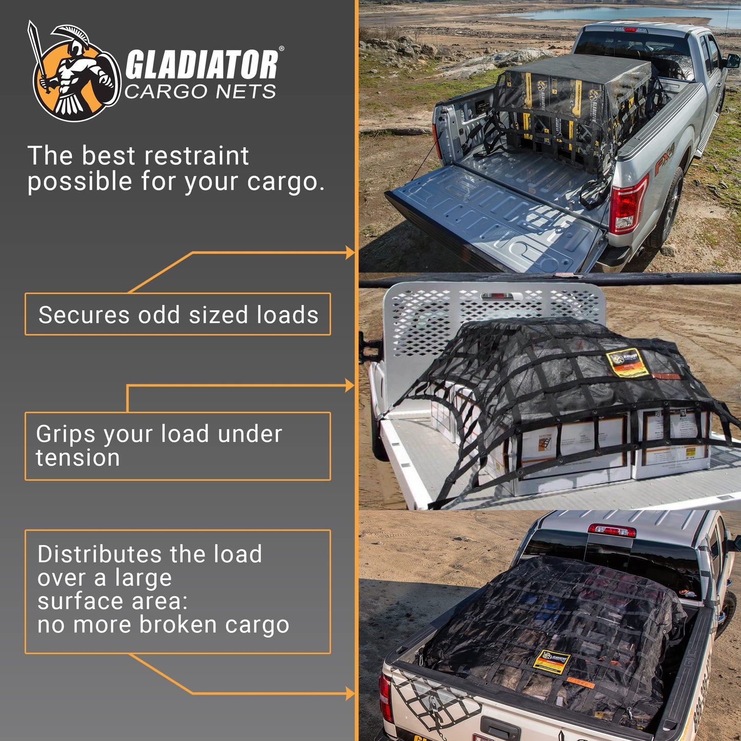 Gladiator Cargo Nets- Heavy Duty Cargo Net -Truck Accesories-Truck organizer -Bed Cover-Interior- Roof Rack-Trunk organizer-Cargo Net Offroad-SUV -Rubicon -Camping-(WLL)1,500 lbs (GRN-100) 4.8' x 5.3'
