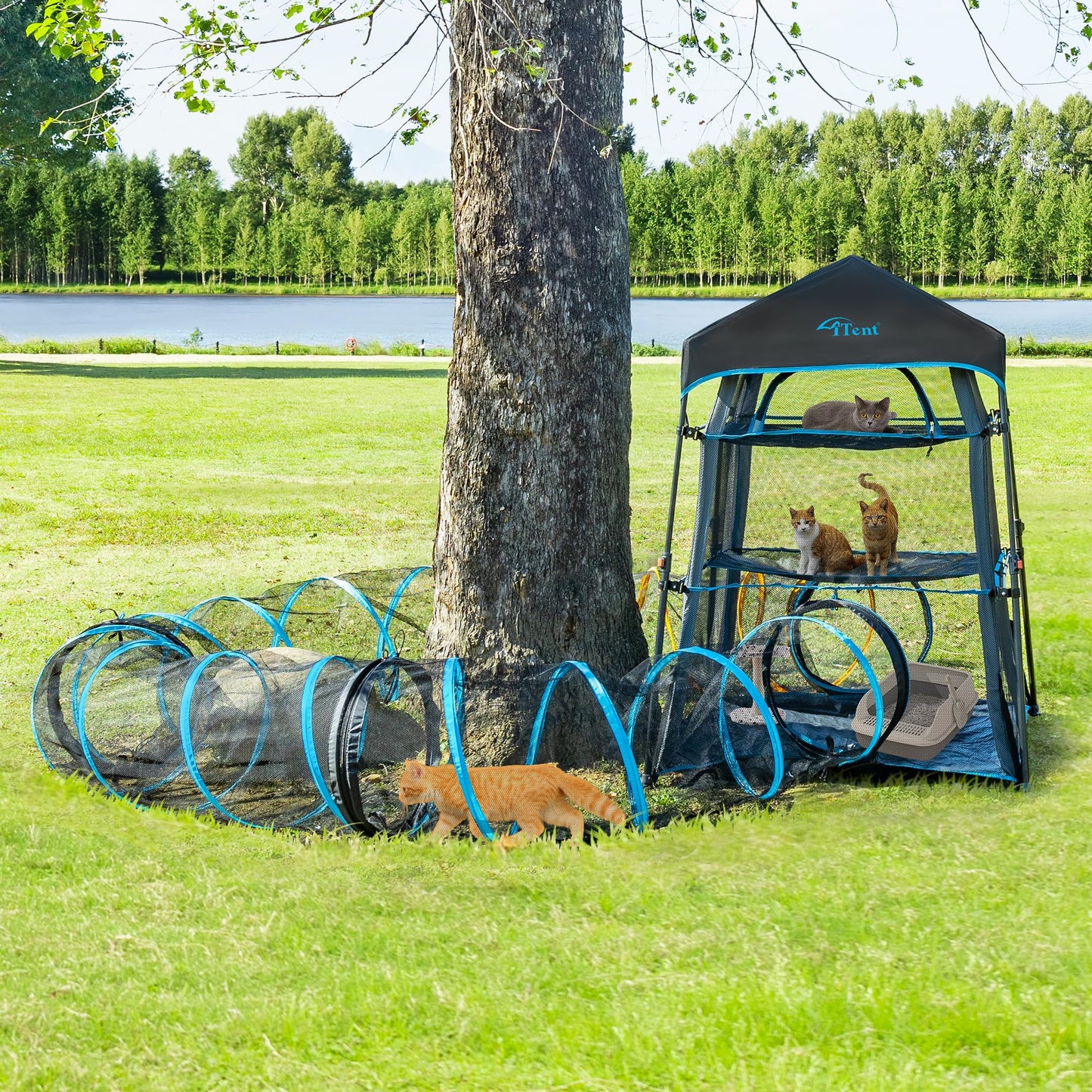 Itent X-Large Catio Outdoor Cat Enclosure,3 Tier Cat Tower Tent Weatherproof & Sunproof with Waterproof Floor & 3 Doors, Foladable and Portable for Patio, Deck,Camping, Indoor & Outdoor(Patented)+3 Tu