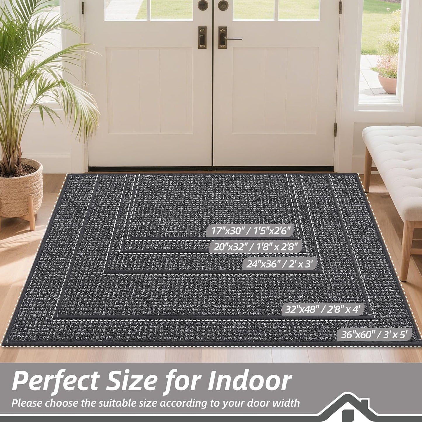 BEQHAUSE Dirt Trapper Door Mat - Non-Slip, Washable, Absorbent | 32" x 48" Charcoal Entrance Mat