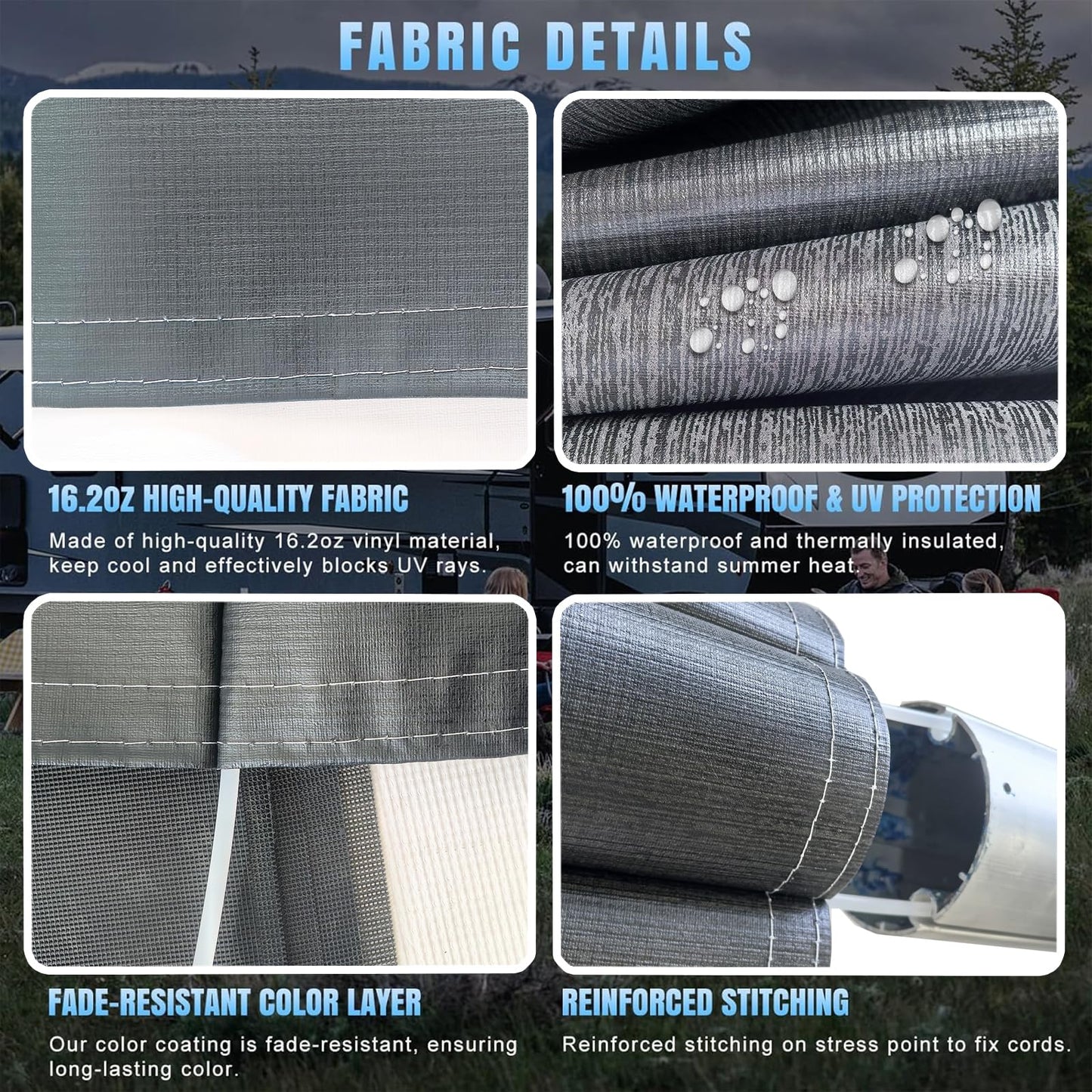 CYLAND RV Awning Fabric Replacement,Camper Trailer Motorized Awning Replacement for Motorhome,Heavy Duty Weatherproof 18.5oz Outdoor Vinyl RV Canopy 20'(Fabric 19'2") Black Fade