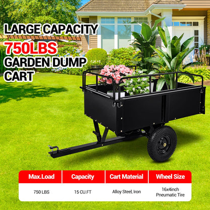 GarveeLife 750 LBS Garden Utility Trailer, 15 Cubic Feet Heavy Duty Steel Dump Cart Feetwith Removable Sides,Hand Pull or Foot Pedal Garden Cart for ATV, UTV, Lawn Mowers and Tractors