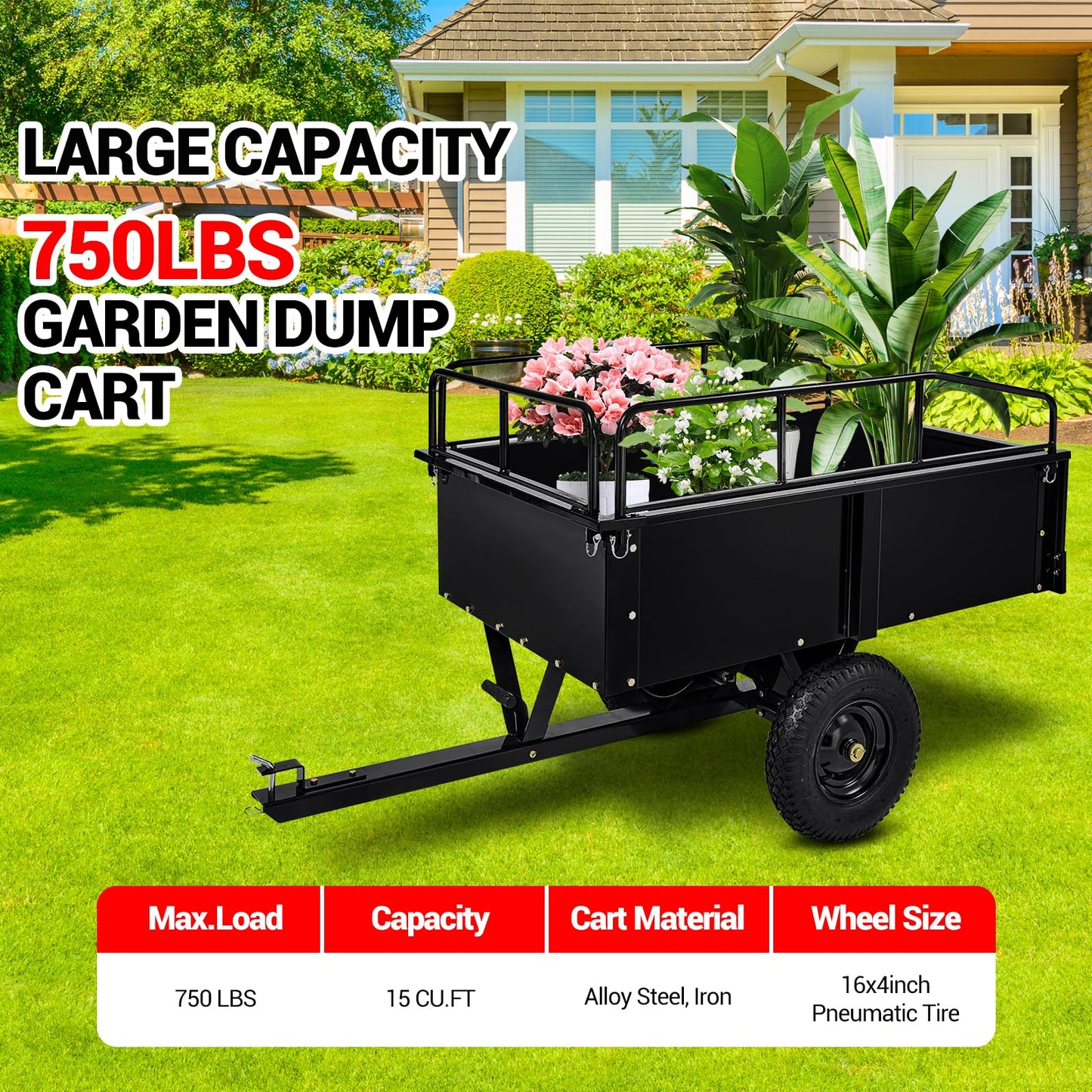 750 LBS Utility Trailer, 15 Cu.Ft Heavy Duty Steel Dump Cart Garden Trailer, with Removable Sides, Hand Pull & Foot Pedal Wagon for ATV, UTV, Lawn Mower, Tractor, Multipurpose Yard Trailer, Black