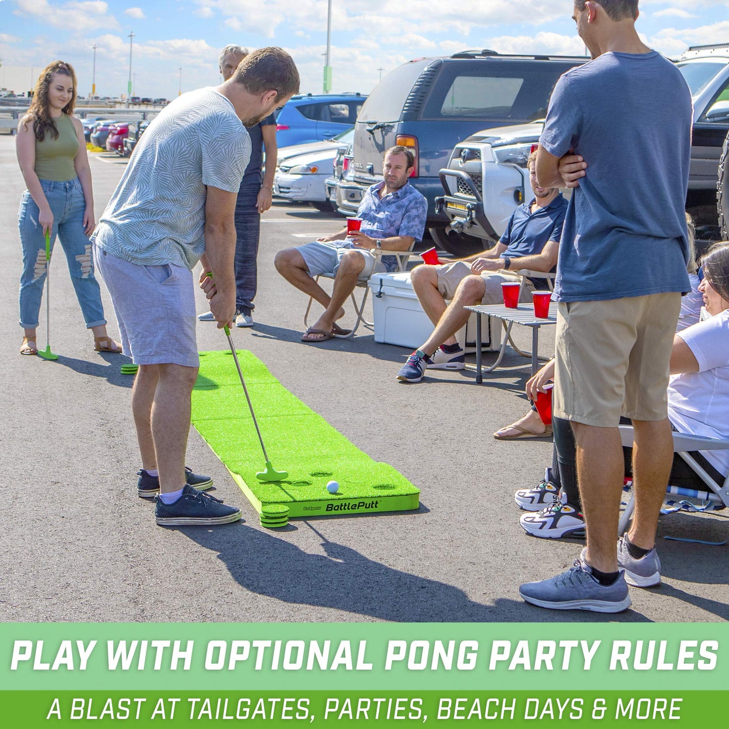 GoSports BattlePutt Golf Putting Game Set - 11 ft Backyard Putting Green Pong Style Golf Mat with 2 Putters, 2 Balls and 12 Hole Covers - Great Golfer Gift