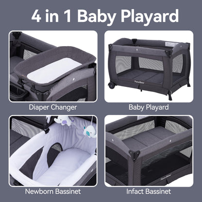 Pamo Babe Pack and Play 4-in-1 Baby Playard with Bassinet & Changing Table, Foldable Portable Playpen with Mattress, Nursery Center for Newborn to Toddler 0-36M-Black