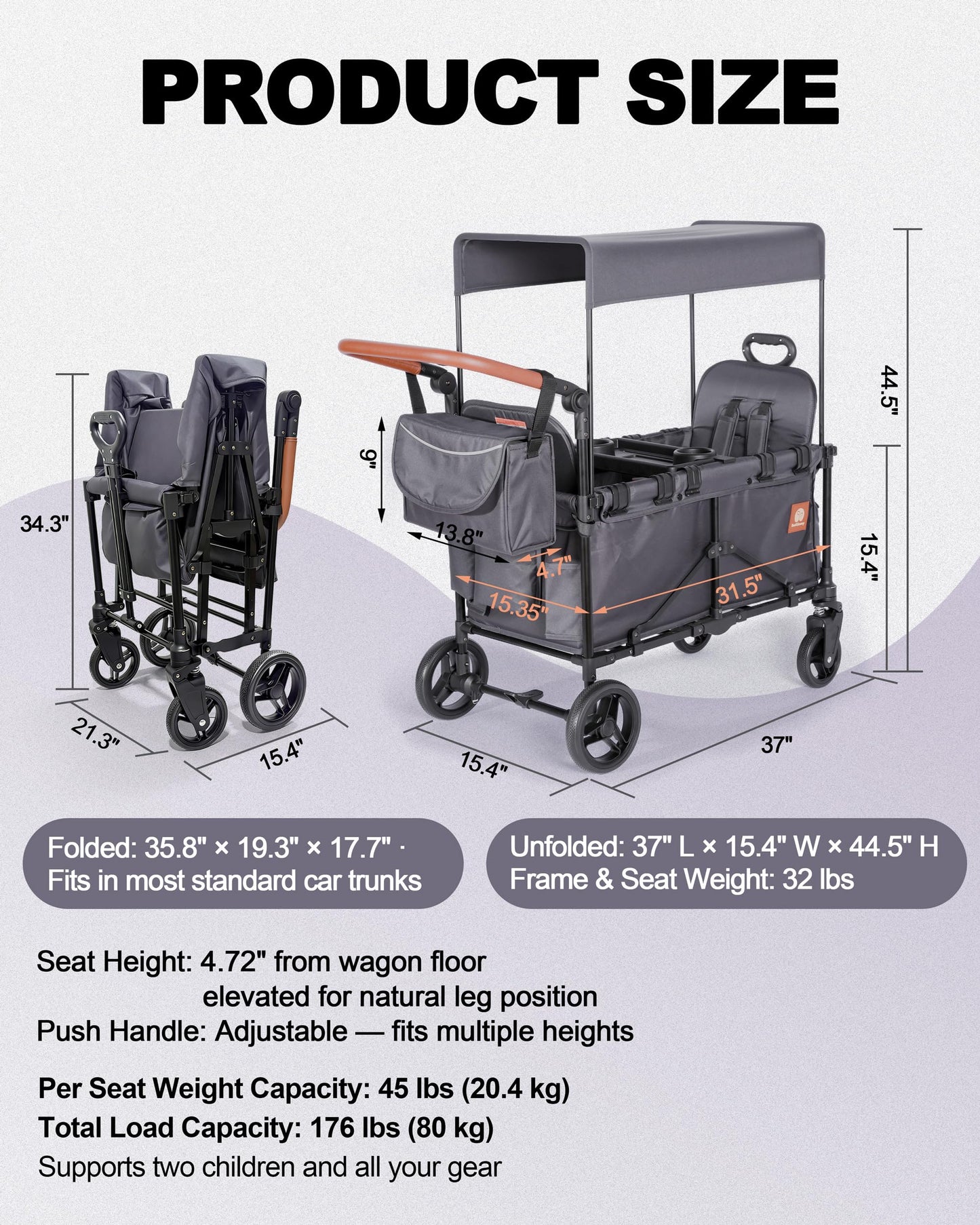 BudGlowey 2-in-1 Wagon Stroller for 2 Kids – Adjustable Push & Pull Handle All‑Terrain Wagon with Canopy, 5‑Point Harnesses, sanck Tray 2-in-1 Storage Bag, Lightweight, Compact – Grey