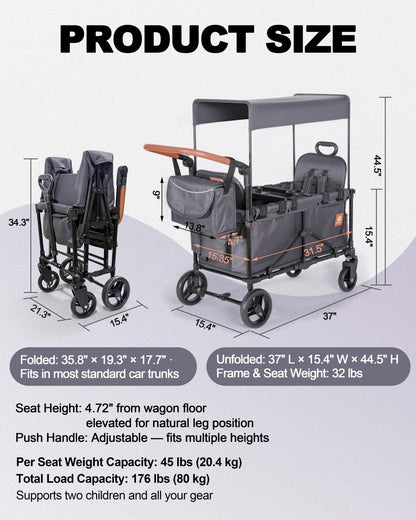 BudGlowey 2-in-1 Wagon Stroller for 2 Kids – Adjustable Push & Pull Handle All‑Terrain Wagon with Canopy, 5‑Point Harnesses, sanck Tray 2-in-1 Storage Bag, Lightweight, Compact – Grey