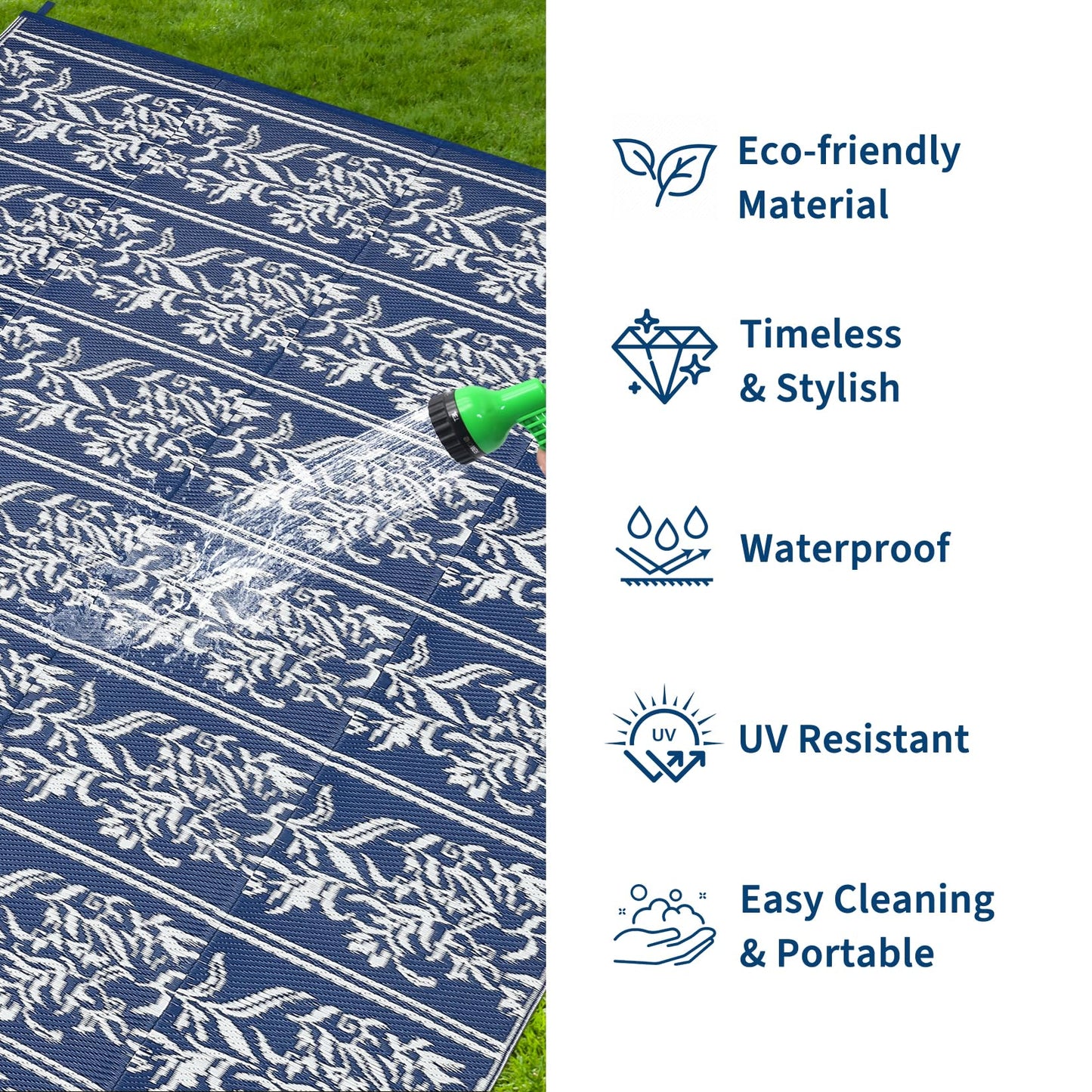 GarveeHome Outdoor Rug 9x18 Waterproof for Patio, Reversible Outdoor Plastic Straw Rug, Wallpaper Flower Indoor Outdoor Mat Carpet for RV, Camping, Deck, Backyard, Picnic, NavyWhite