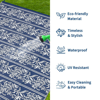 GarveeHome Outdoor Rug 9x18 Waterproof for Patio, Reversible Outdoor Plastic Straw Rug, Wallpaper Flower Indoor Outdoor Mat Carpet for RV, Camping, Deck, Backyard, Picnic, NavyWhite