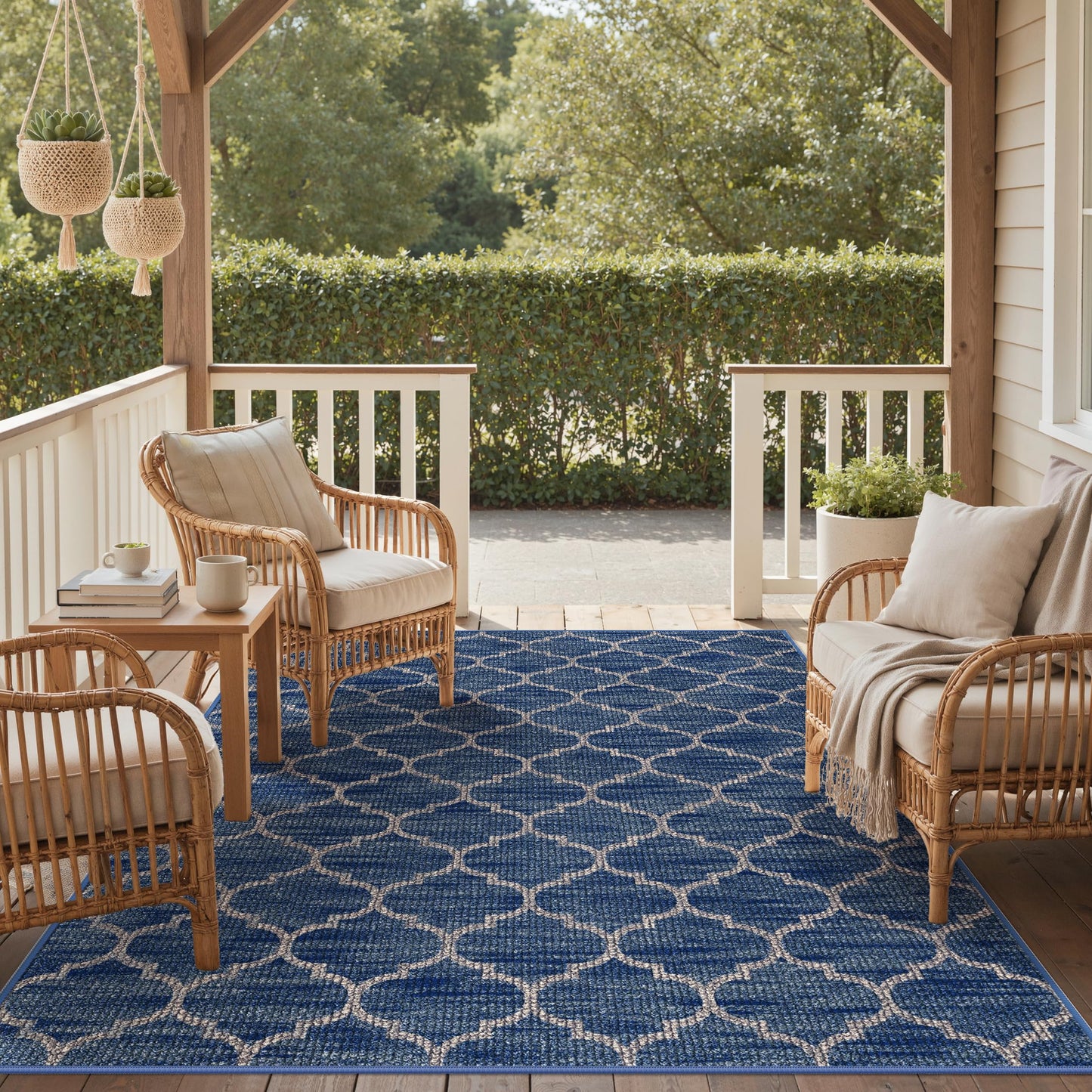 GENIMO Indoor Outdoor Area Rug 6X9, Non-Shedding, Machine Washable Mat for Patio, Balcony, Deck, Blue White