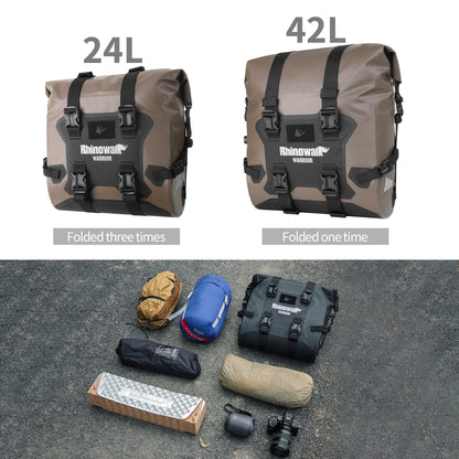 Rhinowalk Waterproof Motorcycle Saddle Bag, Roll-Top Side Pannier with Magnetic Closure, Approx. 24L–42L Expandable Capacity Rear Rack Luggage（Black, 2pc）