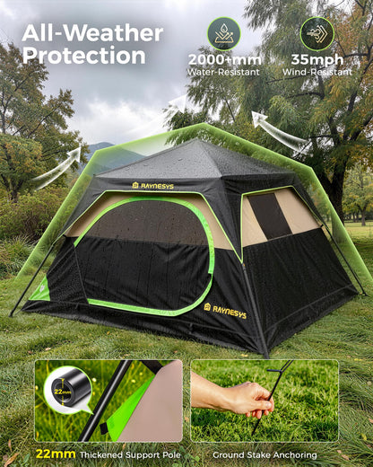 6 Person Instant Tent, Camping Tent Setup in 60 Seconds, Waterproof Pop Up Tents for Camping with Top Rainfly, Instant Cabin Tents with Portable Carry Bag for Family Camp & Hiking, Black + Brown