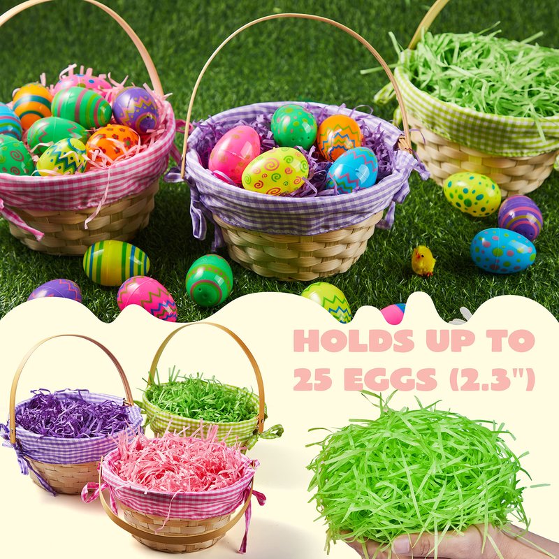 JOYIN 4 Pcs Easter Bamboo Baskets Gift Woven Baskets with Handles and 4 Colors Grass Paper Shreds, Candy Wicker Candy Toys Storage Bucket for Easter Egg Hunt, Kids Party Supplies(9" X 8")