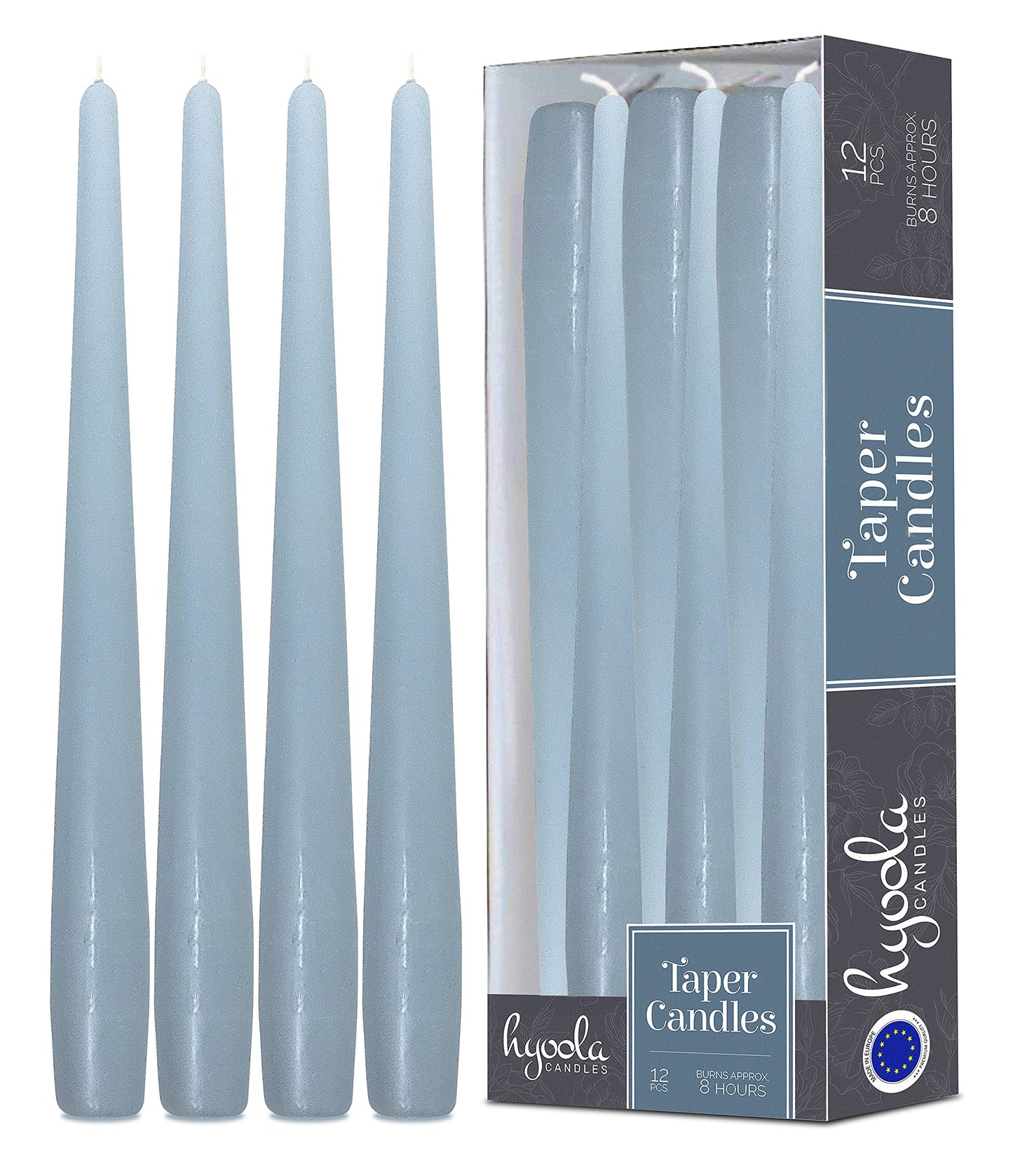 Hyoola Tall Taper Candles - 10 Inch Ice Blue Unscented Dripless Taper Candles - 8 Hour Burn Time - 12 Pack