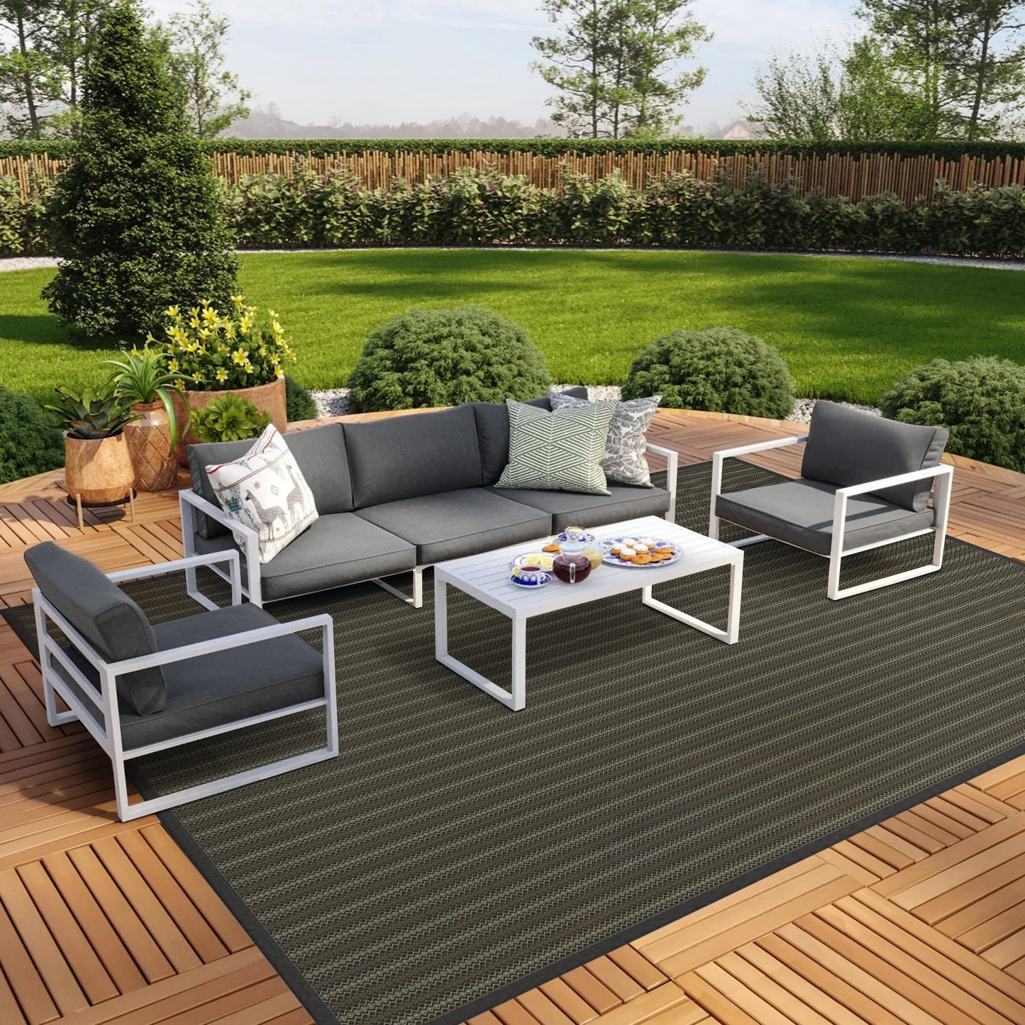 GENIMO Outdoor Rug for Patio Clearance, 10'x14' Reversible Plastic Straw Rugs, Lightweight Waterproof RV Camping Mat for Camper, Balcony, Deck, Backyard, Picnic, Black & Brown
