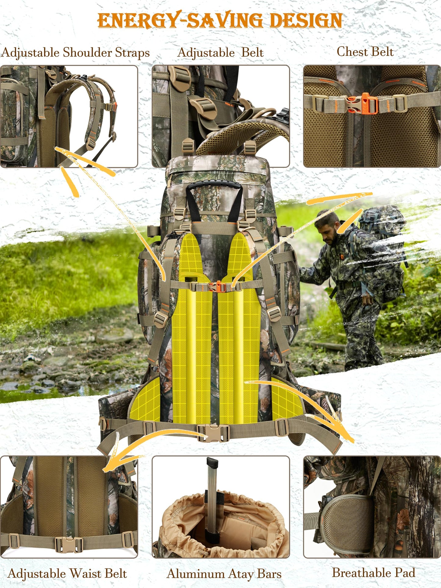 NEW VIEW 80L Hunting Backpack with Waterproof Rain Cover & Binocular Straps Harness Chest Pack with Detachable Rangefinder Pouch