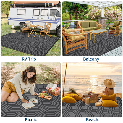GAOMON 10'x14' Outdoor Rug Waterproof, Reversible Plastic Straw Rug for Poolside, Gazebo, Outdoor Dining Area, Backyard Party – UV Resistant, Heavy Duty, Easy Clean for High Traffic Areas, Black&Grey