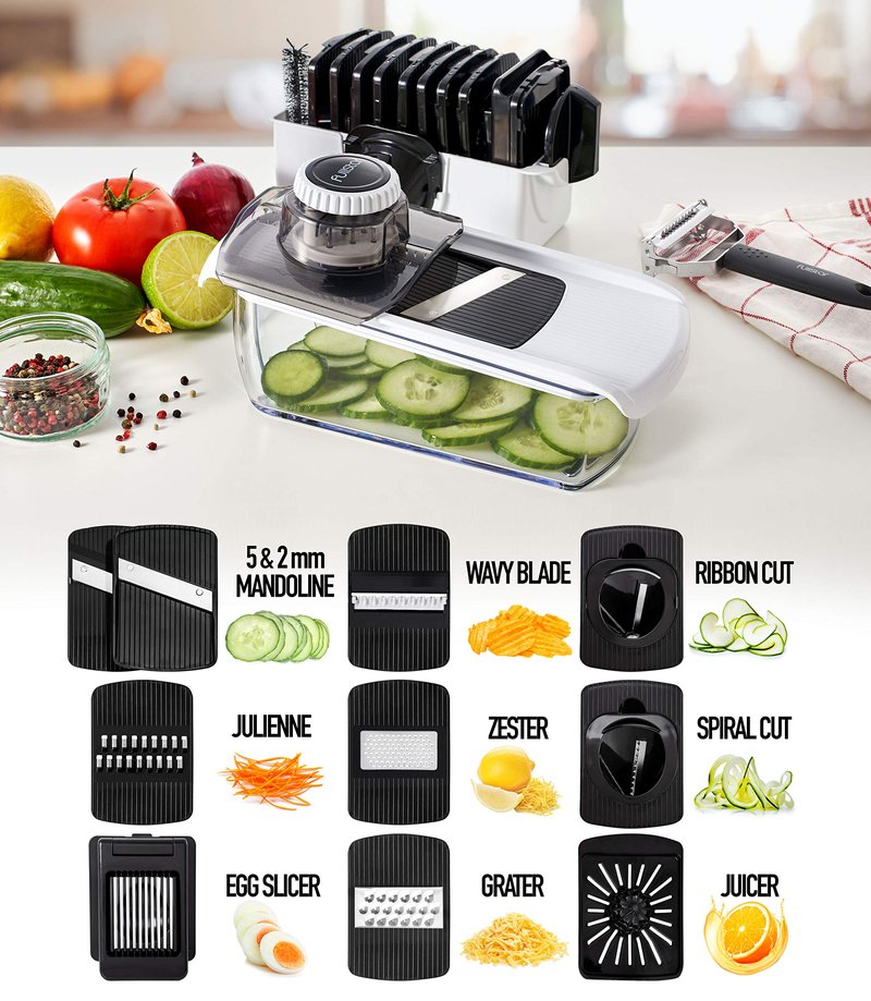 Fullstar Mandoline Slicer for Kitchen, Fruit Cutter, Cheese Grater, Cucumber Slicer, Veggie Spiralizer, Food Cutter & Kitchen Gadgets & Gifts with Safety Glove (11 in 1, Stainless Steel)