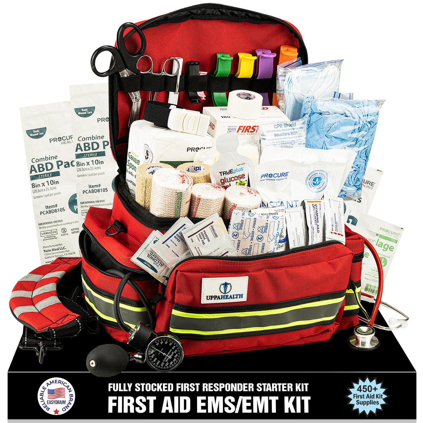 UppaHealth First Responder Fully Stocked Trauma First Aid Kit – EMT/EMS Emergency Medical Bag with 450+ Supplies for Home, Car, Workplace & Camping