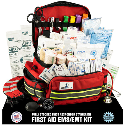 UppaHealth First Responder Fully Stocked Trauma First Aid Kit – EMT/EMS Emergency Medical Bag with 450+ Supplies for Home, Car, Workplace & Camping