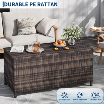 125 Gallon Outdoor Wicker Deck Box, All-Weather Waterproof Patio Storage with PE Rattan Finish & Steel Frame, for Cushions, Garden Tools, Pool Supplies, Lockable Brown Storage Box with Soft-Close Lid