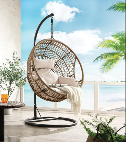 ACME Vasant Outdoor Patio Hanging Chair/Stand in Beige Fabric and Rope