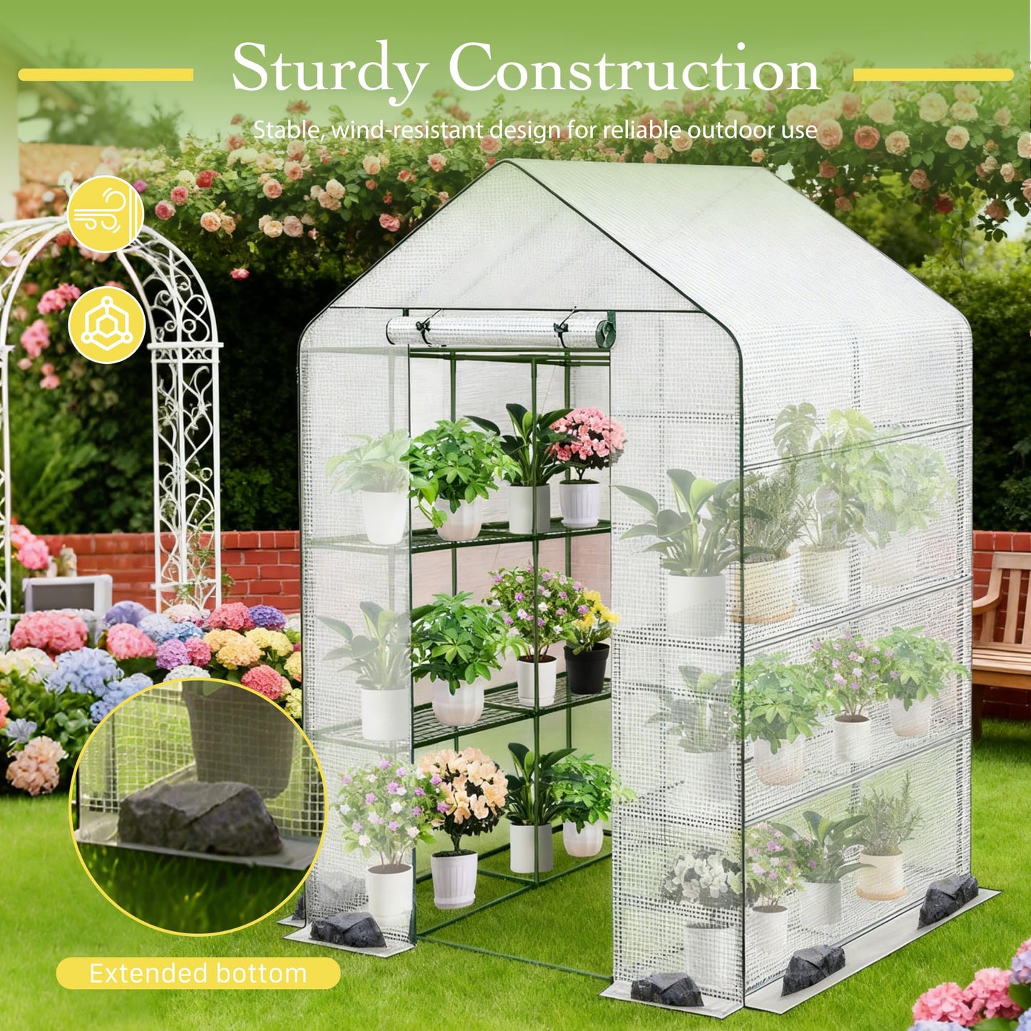 OnlyGarden Greenhouse for Outdoors, Walk in Greenhouse with PE Cover PE-Coated Steel Frame, Large Plant Hot House for Outside, 3 Tier 8 Shelves Portable Green House Winter 48" x 73.2" x 74.8"