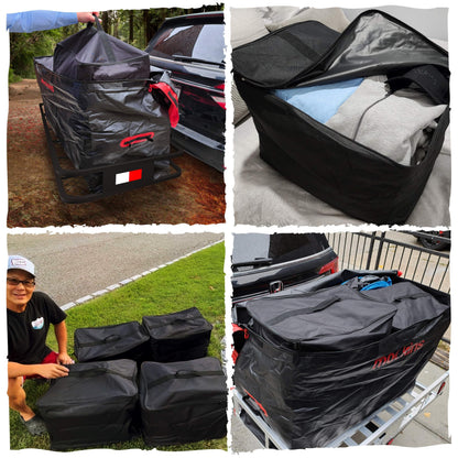 Mockins 48"x18"x6" Folding Trailer Hitch Cargo Carrier & 15 Cu Ft Waterproof Cargo Bag with Packing Cube Set of 4 | Weatherproof 500 Lbs Cap Luggage Rack for SUV Truck Van Car Trailer with Accessories